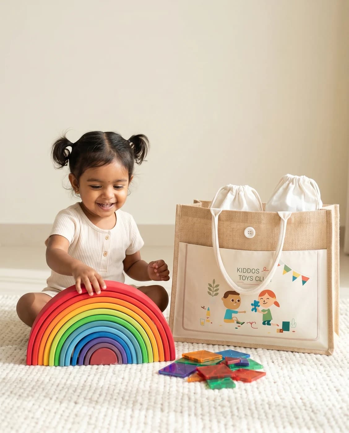 A child absorbed in premium wooden toys delivered in the KIDDOS jute tote bag
