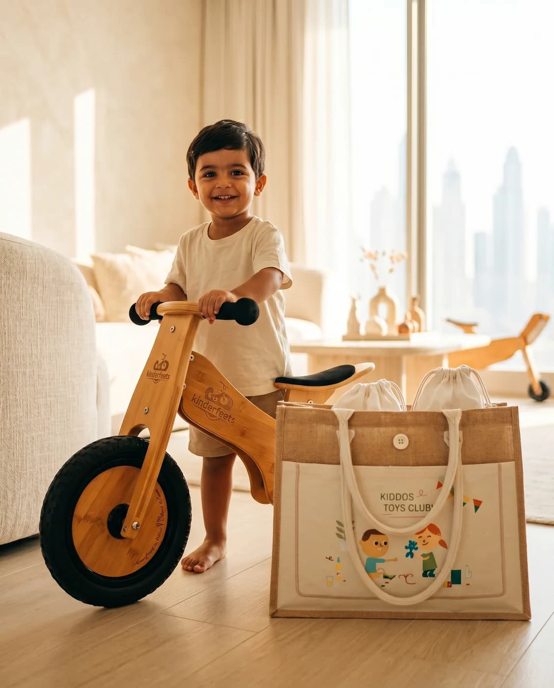 A child absorbed in premium wooden toys delivered in the KIDDOS jute tote bag