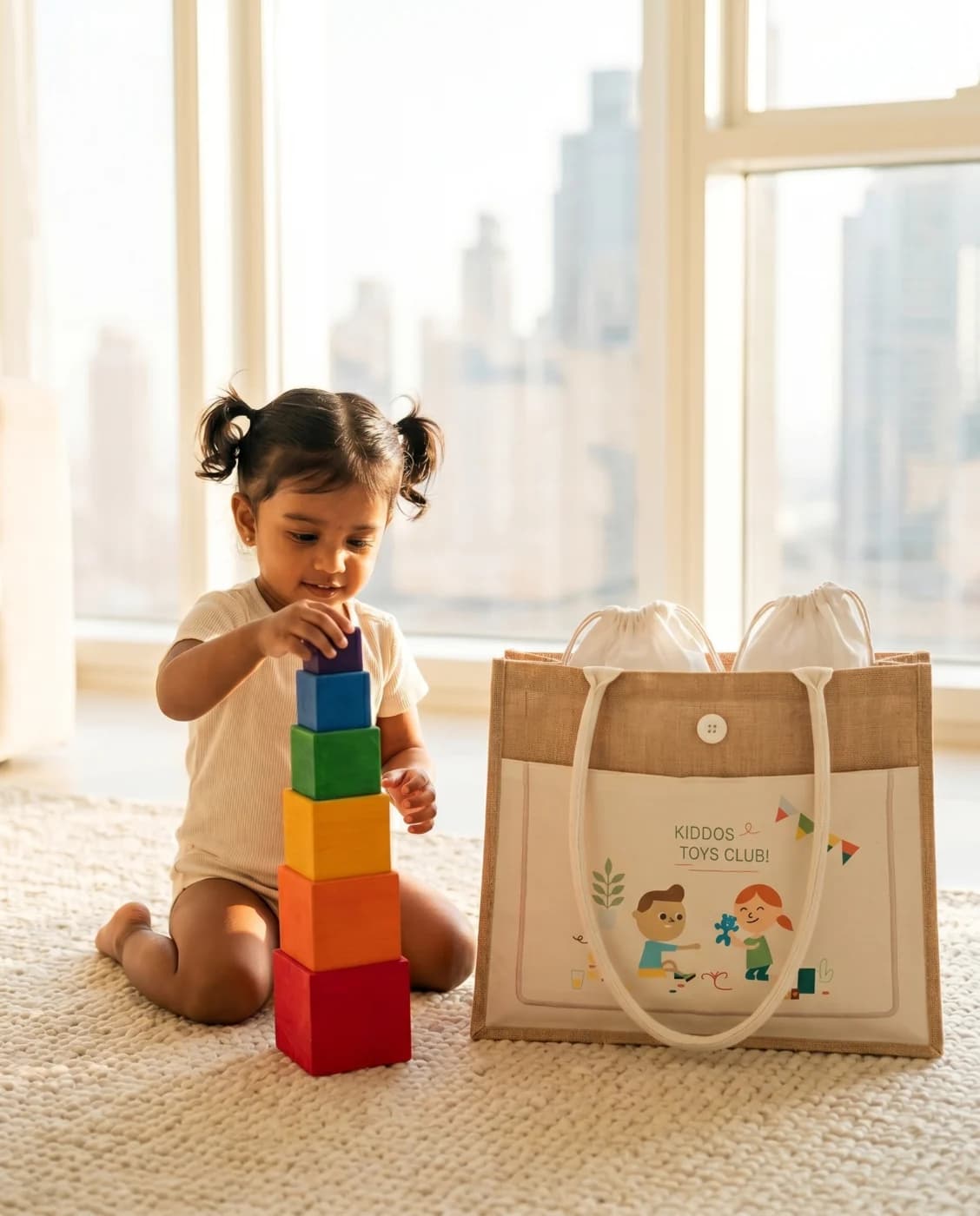 A child absorbed in premium wooden toys delivered in the KIDDOS jute tote bag
