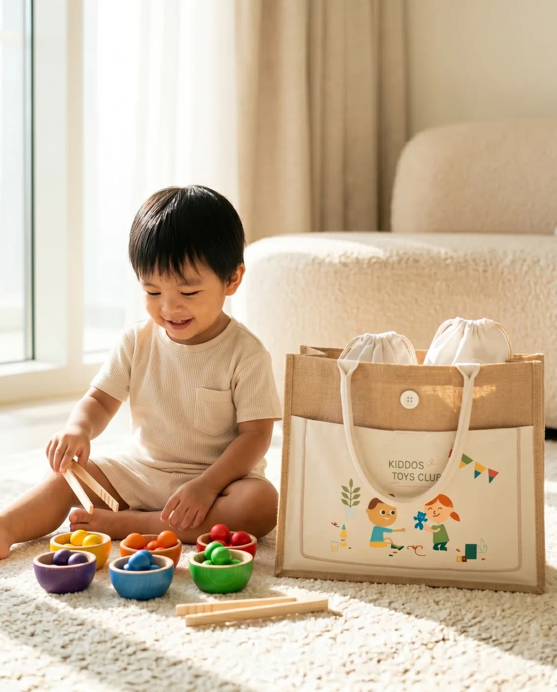 A child absorbed in premium wooden toys delivered in the KIDDOS jute tote bag