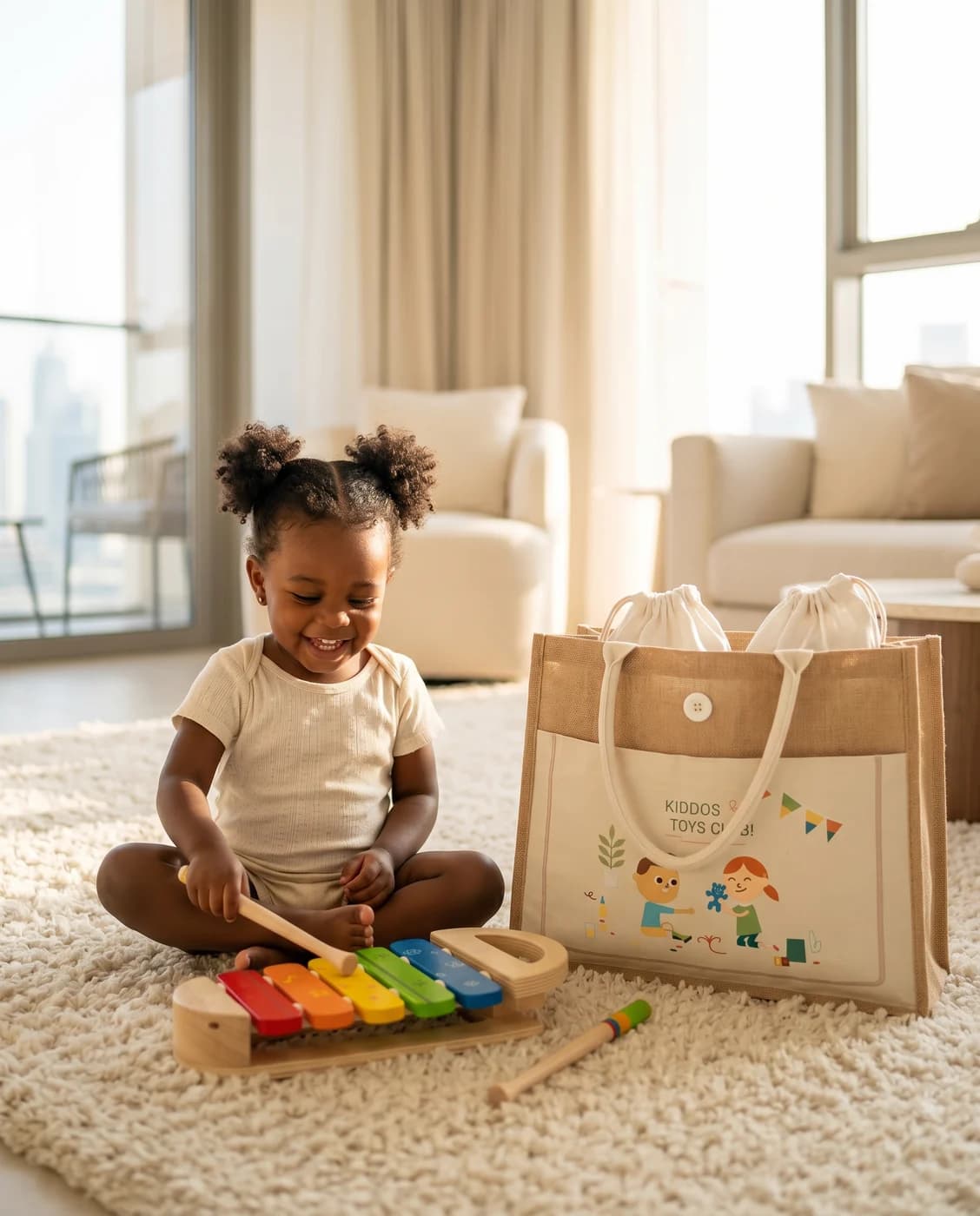 A child absorbed in premium wooden toys delivered in the KIDDOS jute tote bag