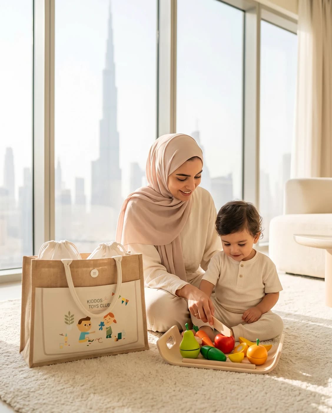 A child absorbed in premium wooden toys delivered in the KIDDOS jute tote bag