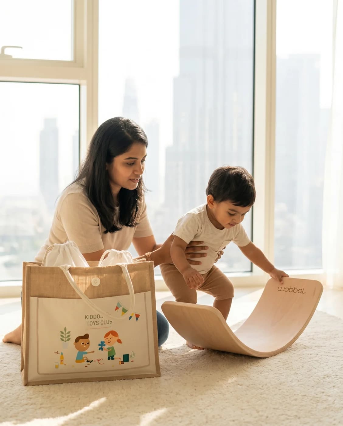 A child absorbed in premium wooden toys delivered in the KIDDOS jute tote bag